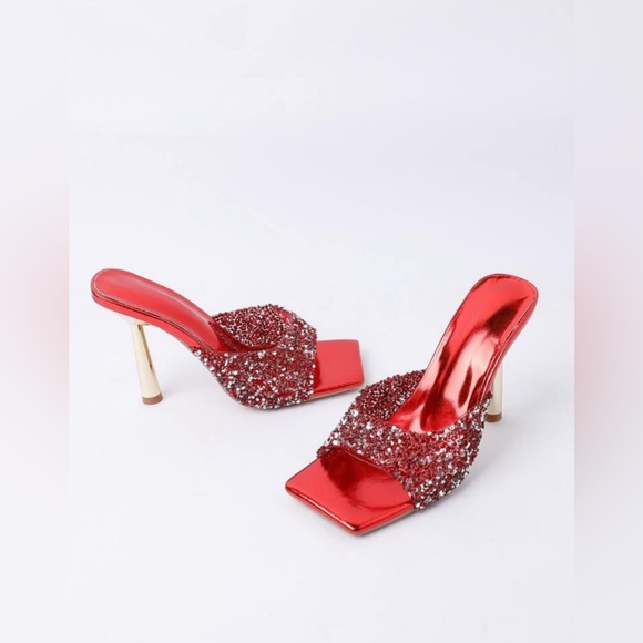 Fashion High Heel Sandals Metal Sequin Embellished Stiletto Mule Sandals - Picture 10 of 11
